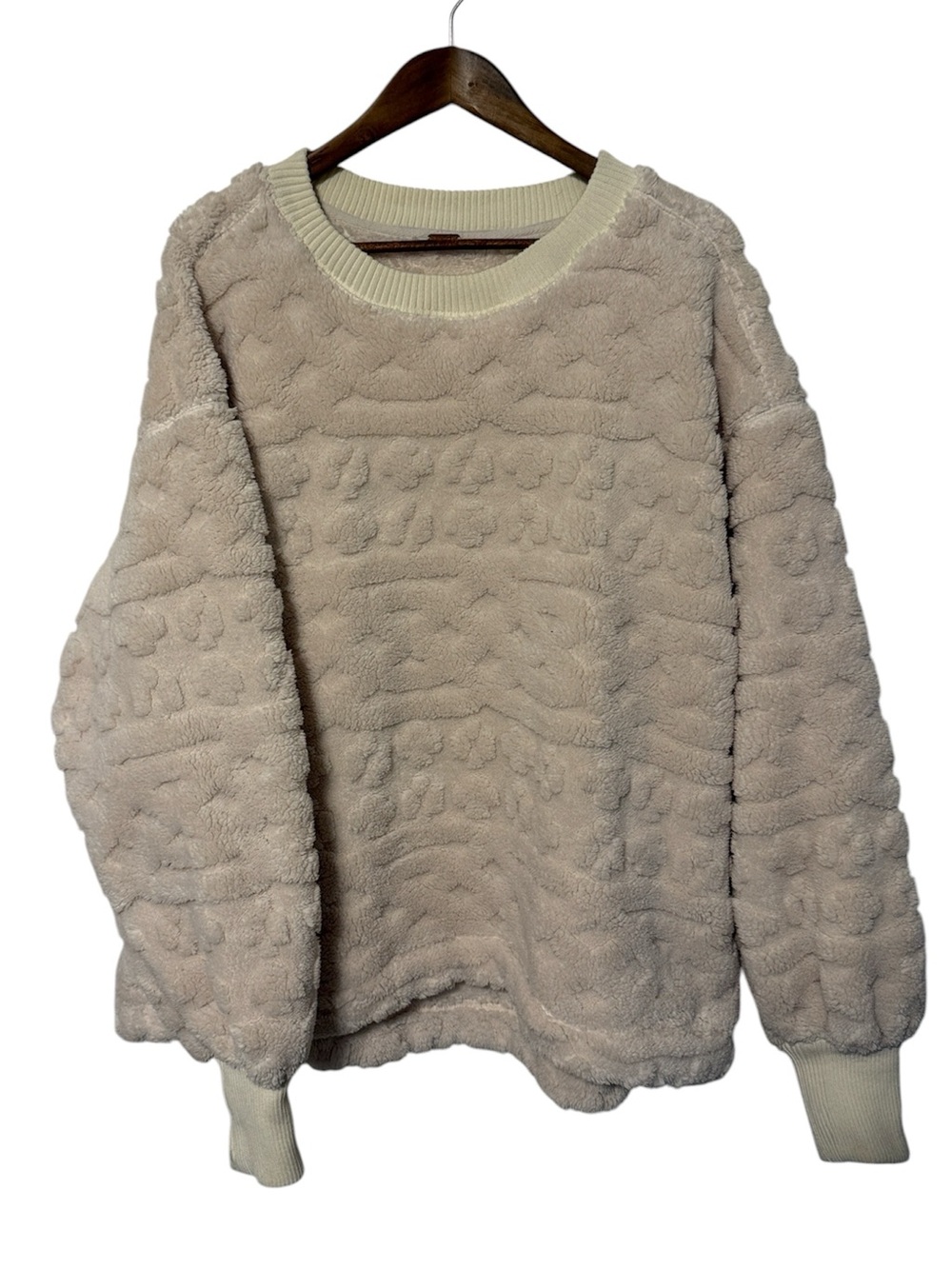 Free People Cable Knit Sweatshirt XL Jacquard Heavy Ivory Crewneck Pullover